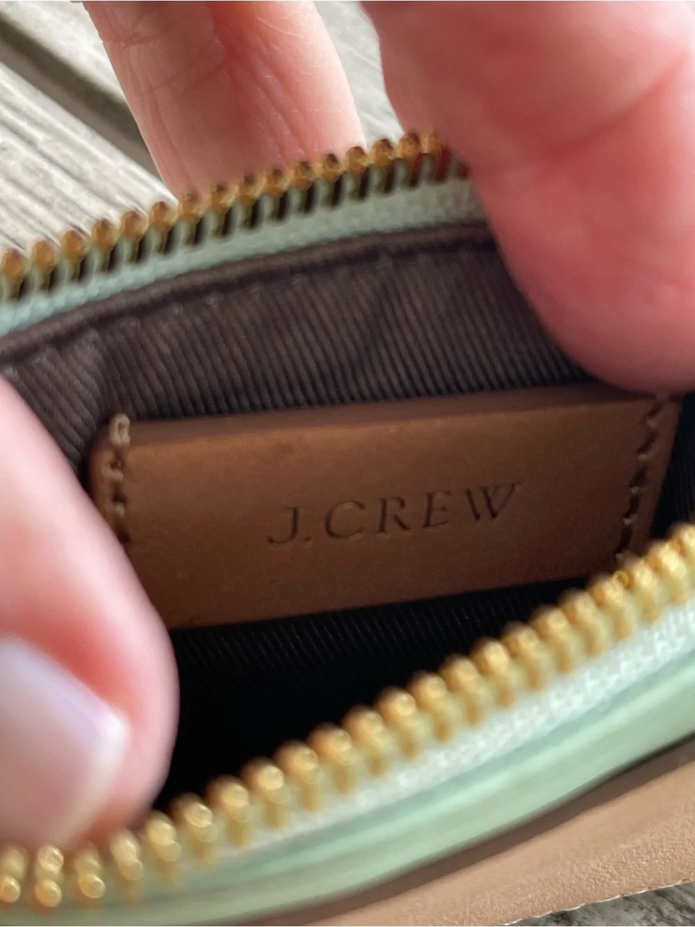 J. Crew Mint Green Leather Cardholder Keychain with Tan Card Pocket